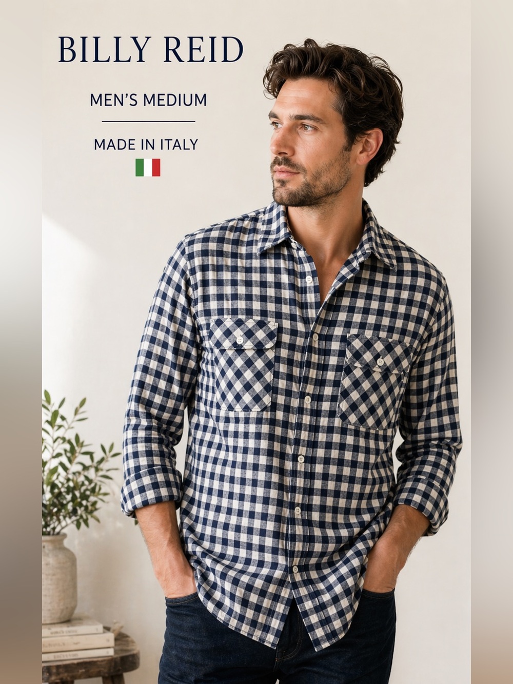 Billy Reid Button Down Shirt Mens Medium Italy Blue White Check preppy casual